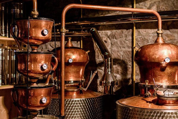 copper equipment in a distillery for spirits