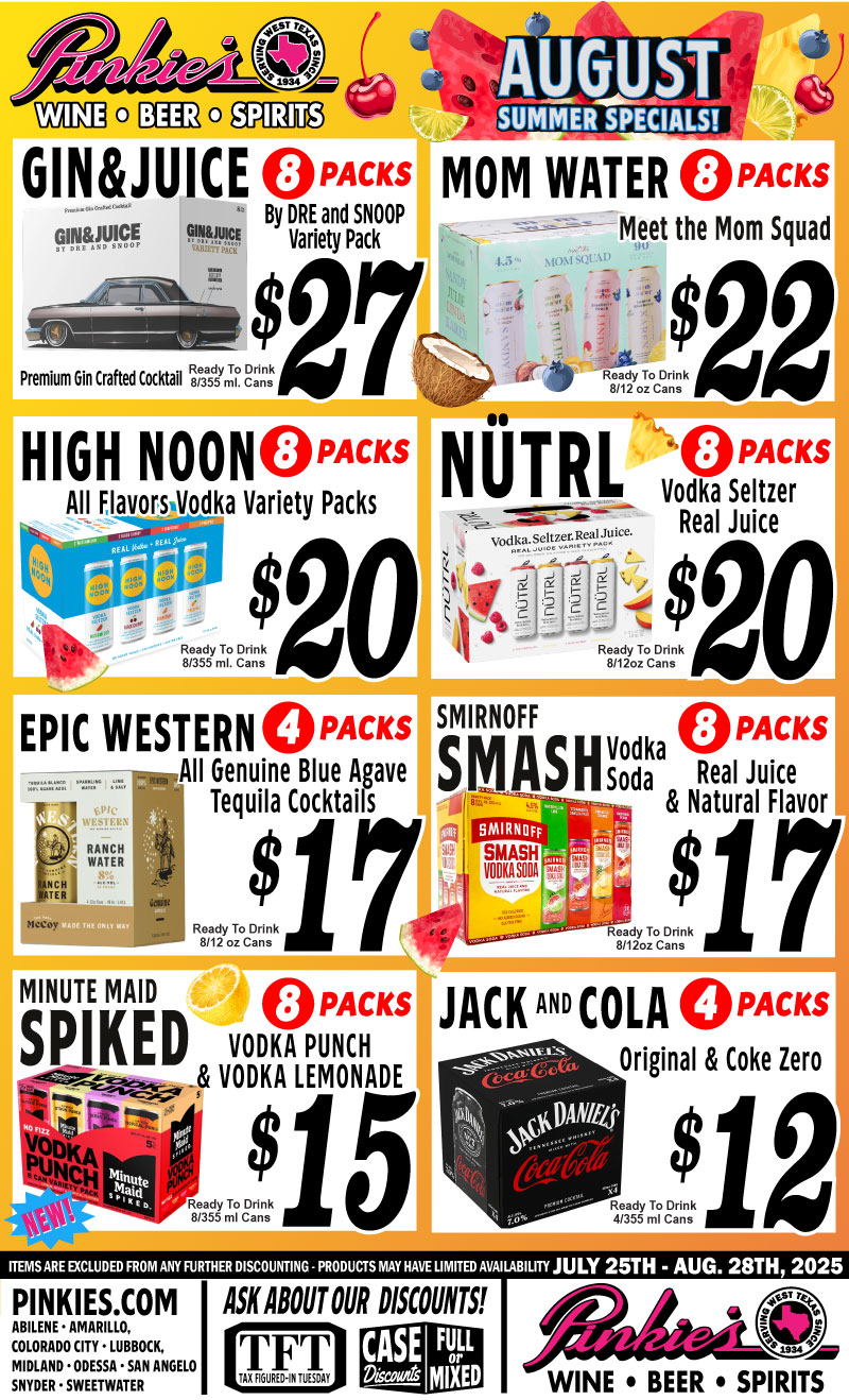 Pinkie's August Monthly Specials 2025